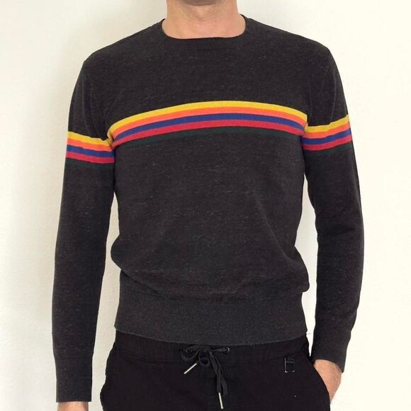 Gap men's crewneck charcoal grey sweater with retro rainbow stripe. Size xs. - Picture 1 of 6